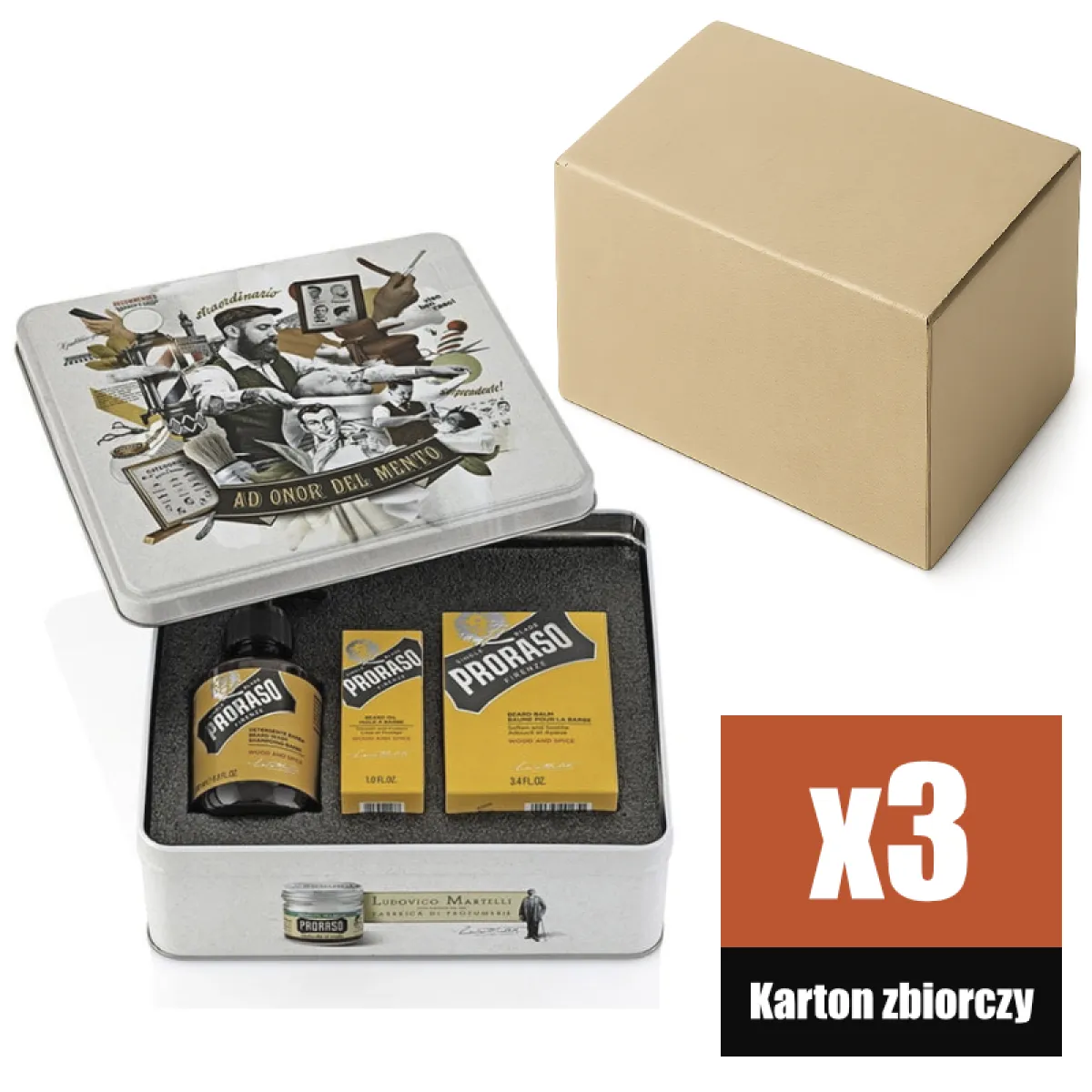 Proraso - Wood & Spice - Beard Kit, Zestaw do pielęgnacji brody, na prezent w metalowej puszce KARTON 3 szt.