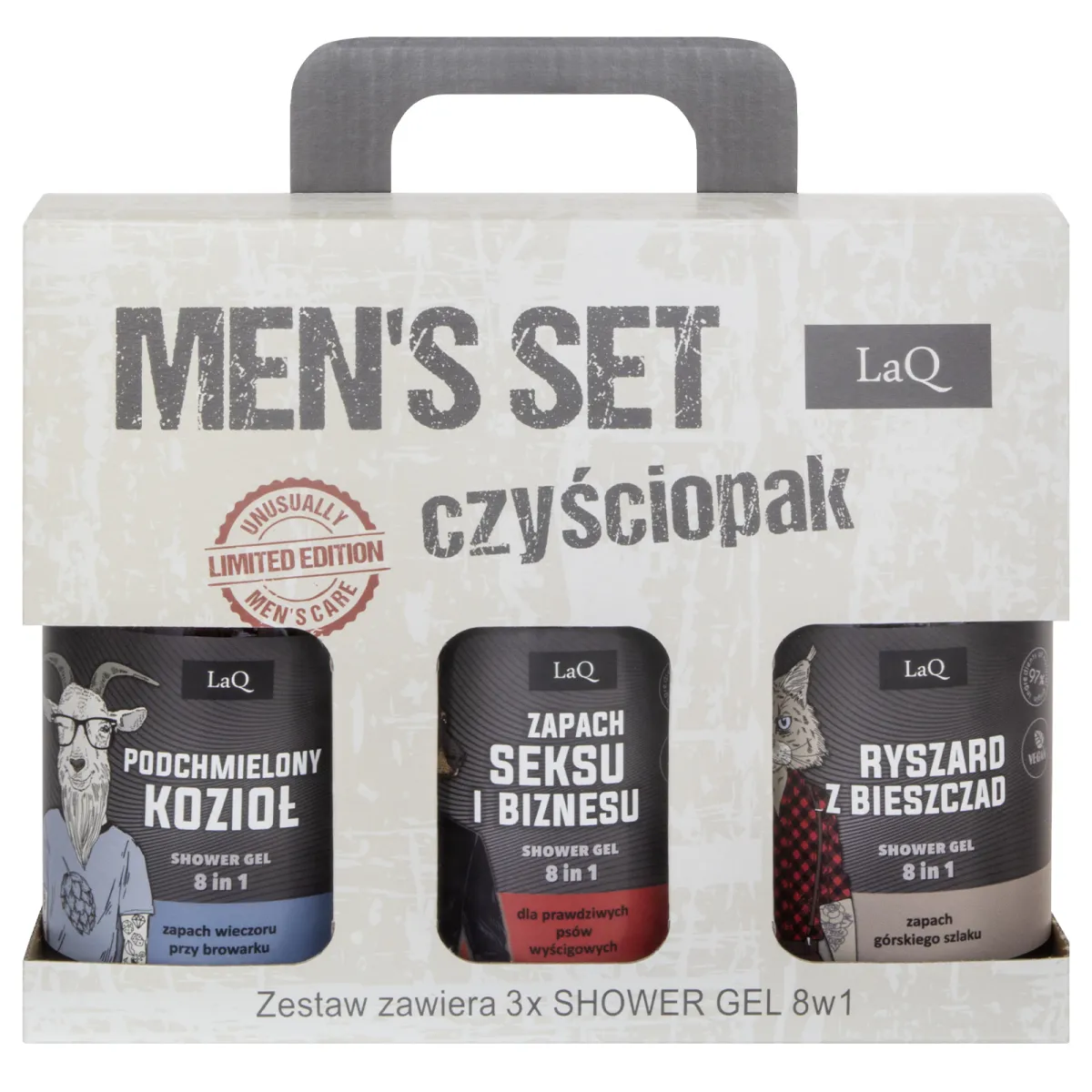 LaQ - Czyściopak dla Facetów, Doberman, Ryszard, Kozioł - Zestaw na prezent, żel pod prysznic 3x500ml - Zestaw