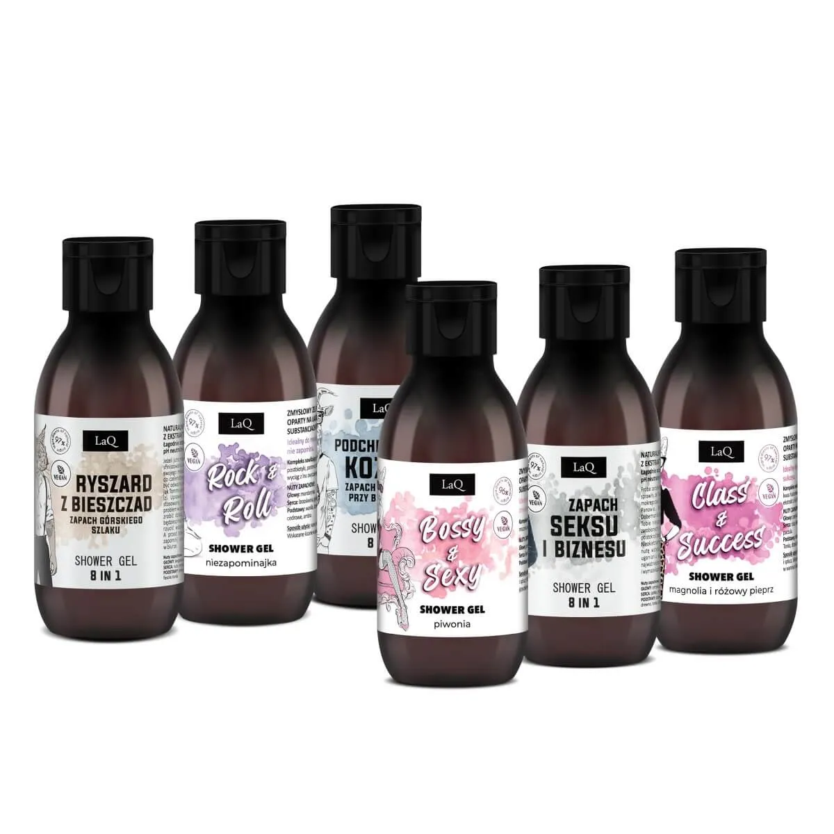 LaQ - Szczęściopak dla Dwojga Doberman, Ryszard, Kozioł, Piwonia, Magnolia i Niezapominajka - Zestaw na prezent, żel pod prysznic 6x100ml - Zestaw