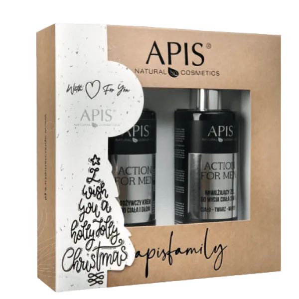Apis - Action for men - Nawilżający żel do mycia 300ml, Odżywczy krem do ciała i dłoni 300ml - Zestaw Świąteczny