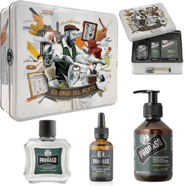 Proraso - Cypress & Vetyver - Beard Kit, Zestaw do pielęgnacji brody, na prezent w metalowej puszce