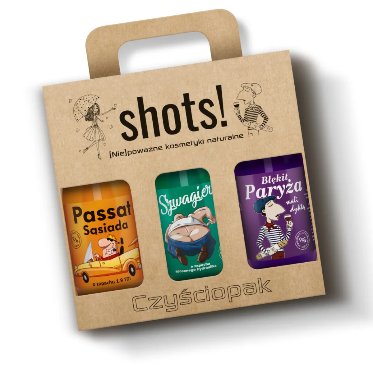 LaQ - Shots! Czyściopak MĘSKI 3x żel 500ml: Passat Sąsiada, Szwagier, Błękit Paryża