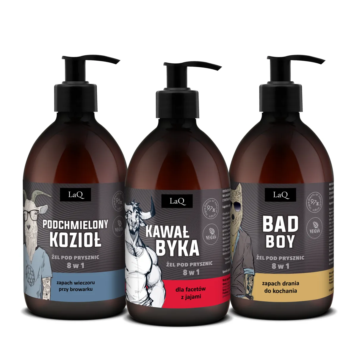 LaQ - Czyściopak MĘSKI Czarny - Żele pod prysznic Podchmielony Kozioł, Kawał Byka, Bad Boy 3x 500ml