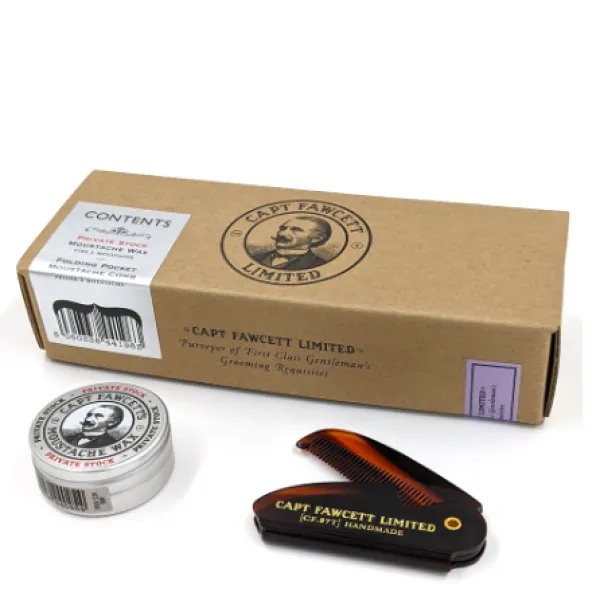 Captain Fawcett - Private Stock - Grzebień i Wosk do stylizacji wąsów - Zestaw