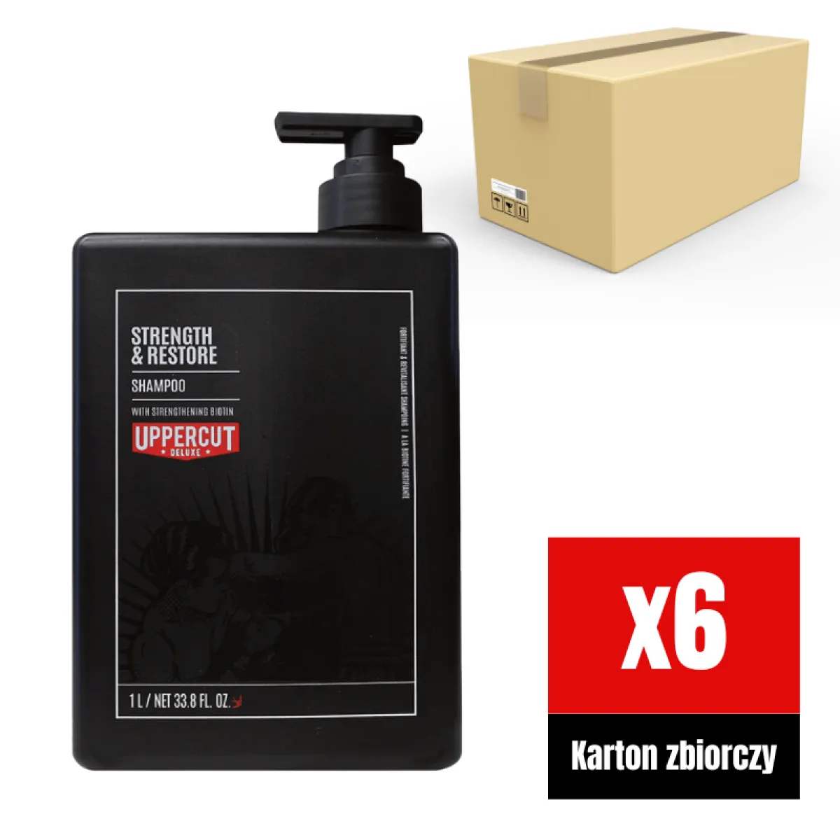 Uppercut Deluxe - Strength & Restore - Szampon do włosów z biotyną i kofeiną, do codziennej pielęgnacji KARTON 6x1000ml