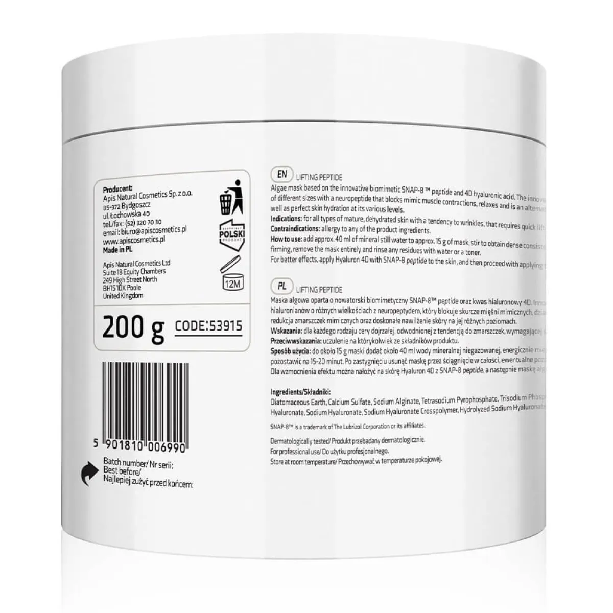 Apis - Lifting Peptide - Liftingująco napinajaca maska do twarzy, algowa z SNAP-8 TM peptide 200g