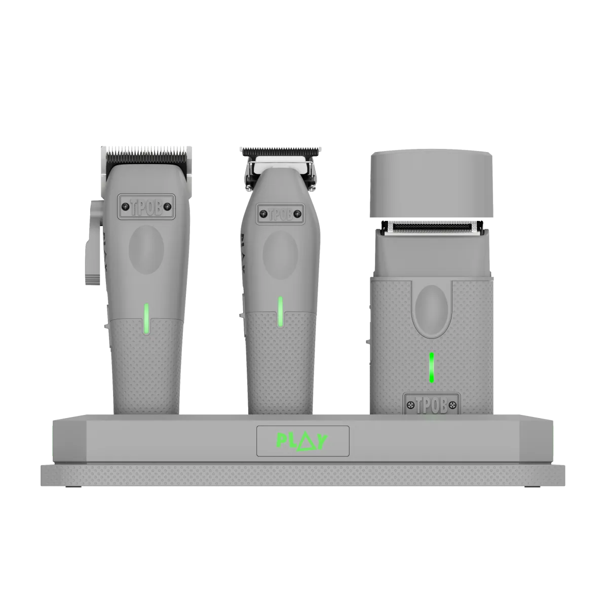 TPOB - PLAY MINI Grey 3 Bundle with Stand - Zestaw barberski maszynka MINI, trymer, golarka i stacja, szary