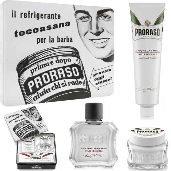 Proraso - Sensitive, linia Biała - Toccasana Vintage Selection, Zestaw do golenia, na prezent w metalowej puszce
