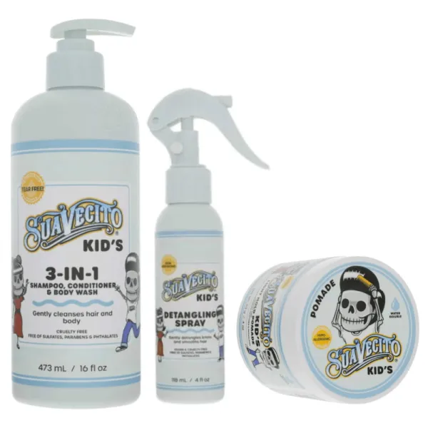 Suavecito - Light Hold Kid's Pomade 113g -  Kid's Detangling Spray 118ml - Kid's 3-IN-1 - Szampon, Odżywka i Żel do Mycia Ciała dla Dzieci 473ml - Zestaw