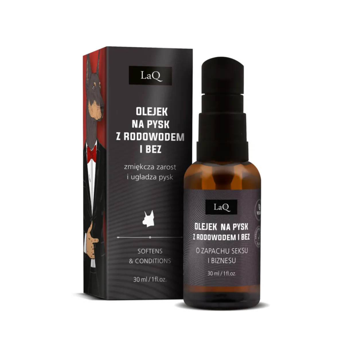 LaQ - Doberman o zapachu seksu i biznesu czarny mat - Pielęgnacyjny olejek do brody i po goleniu 30ml