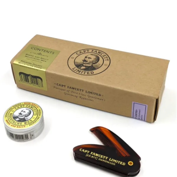 Captain Fawcett - Ricki Hall's Booze&Baccy - Grzebień i Wosk do stylizacji wąsów - Zestaw