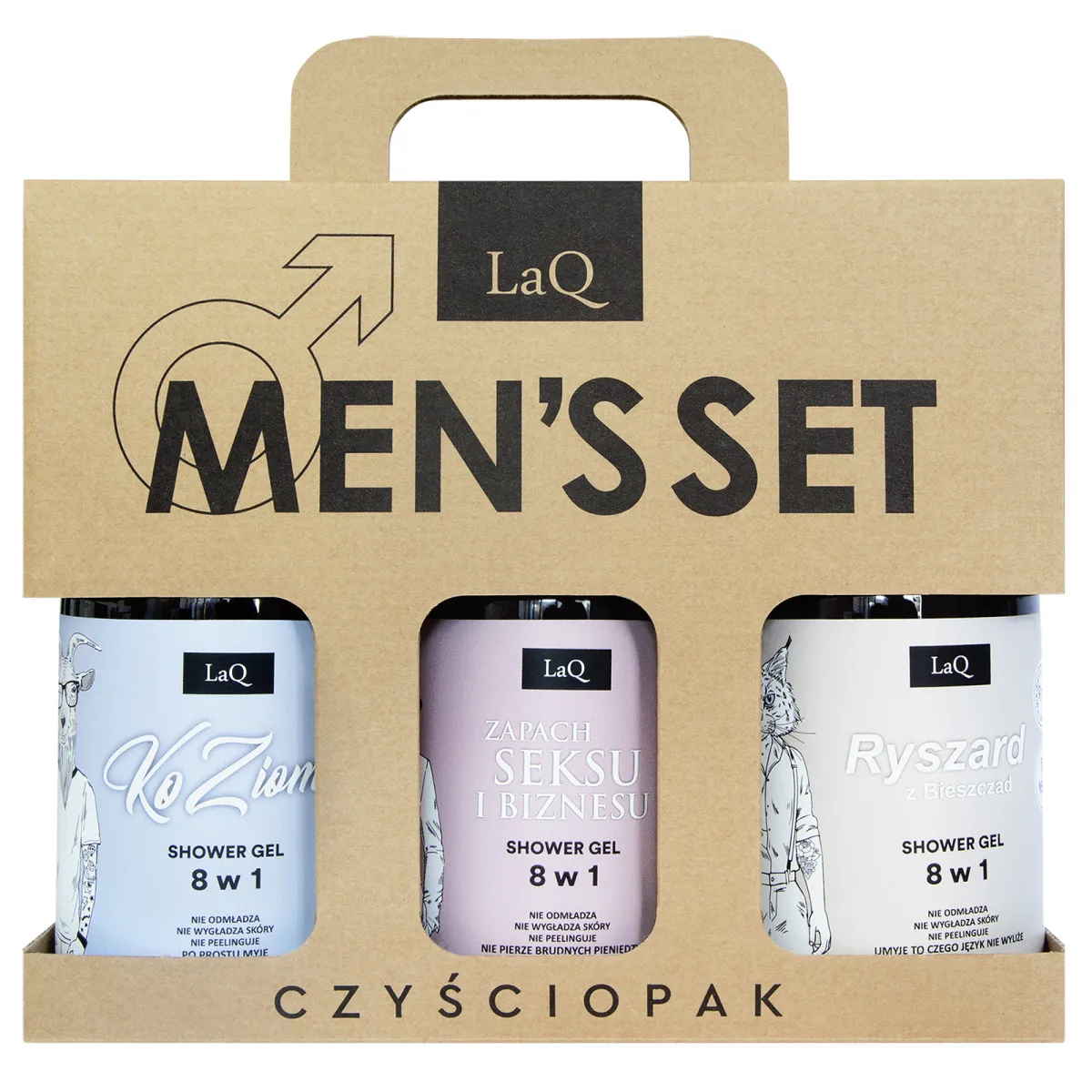 LaQ - Czyściopak dla Facetów, Doberman, Ryszard, KoZiom - Zestaw na prezent, żel pod prysznic 3x500ml - Zestaw
