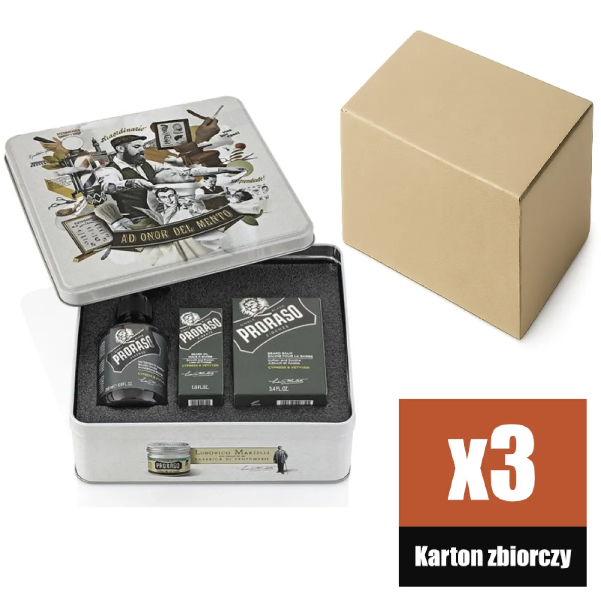 Proraso - Cypress & Vetyver - Beard Kit, Zestaw do pielęgnacji brody, na prezent w metalowej puszce KARTON 3 szt.