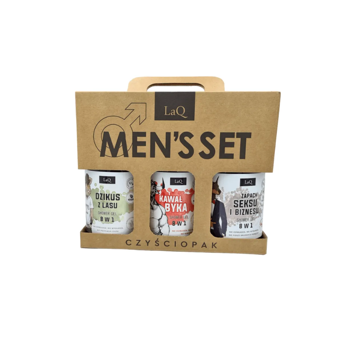 LaQ - Czyściopak dla Facetów, Doberman, Dzikus, Kawał Byka  - Zestaw na prezent, żel pod prysznic 3x500ml - Zestaw