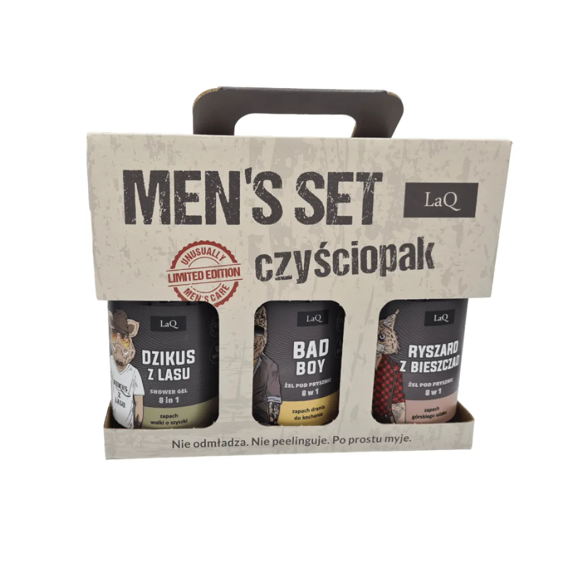 LaQ - Czyściopak dla Facetów, Ryszard, Dzikus, Bad Boy - Zestaw na prezent, żel pod prysznic 3x500ml - Zestaw